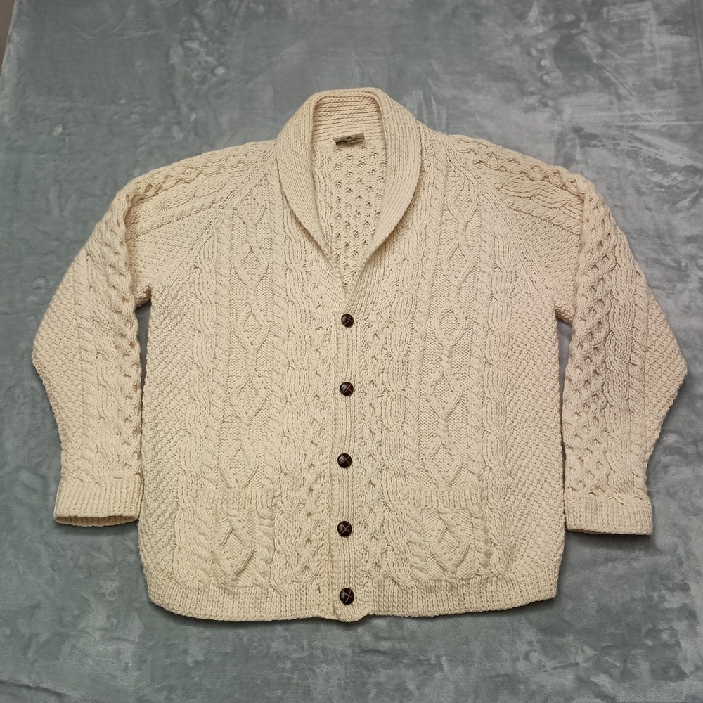 Blarney Woollen Mills Sweater Mens Cream Shawl Collar Button Down Cable Knit